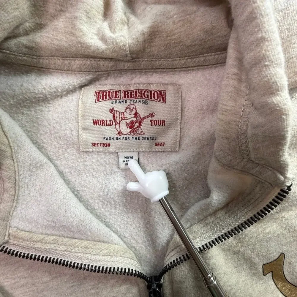 True Religion Gold Logo Full Zip Hoodie Sweatshirt Light Heather Oatmeal Size M - Picture 3 of 15